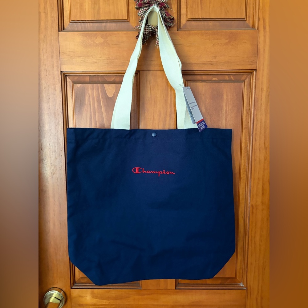 Champion Navy Canvas Tote with Cream Handles and Red Logo